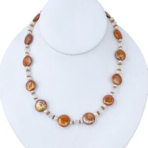 Estate Gold-Tone Sterling Silver 925 Bronze Coin Pearl Crystal Necklace 17"